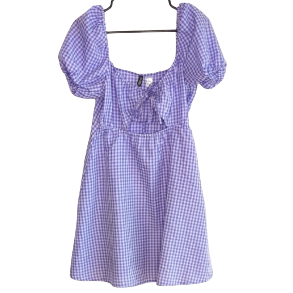 HM Women's Medium Purple White Gingham Midi Dress Puff Sleeve Tie Front Open